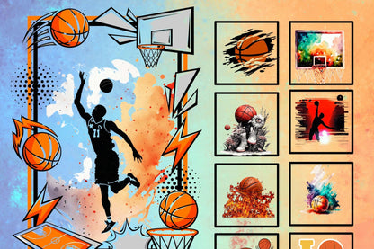 Basketball themed fabric panel with a dynamic basketball design, featuring a player in action, basketballs in motion, a scoreboard, and various interpretations of basketball elements. The background is a gradient color palette with light blue, light green and orange.