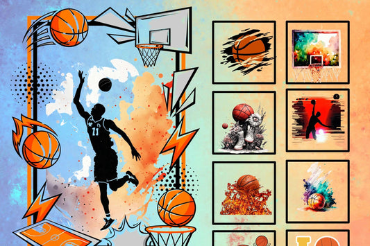 Basketball themed fabric panel with a dynamic basketball design, featuring a player in action, basketballs in motion, a scoreboard, and various interpretations of basketball elements. The background is a gradient color palette with light blue, light green and orange.
