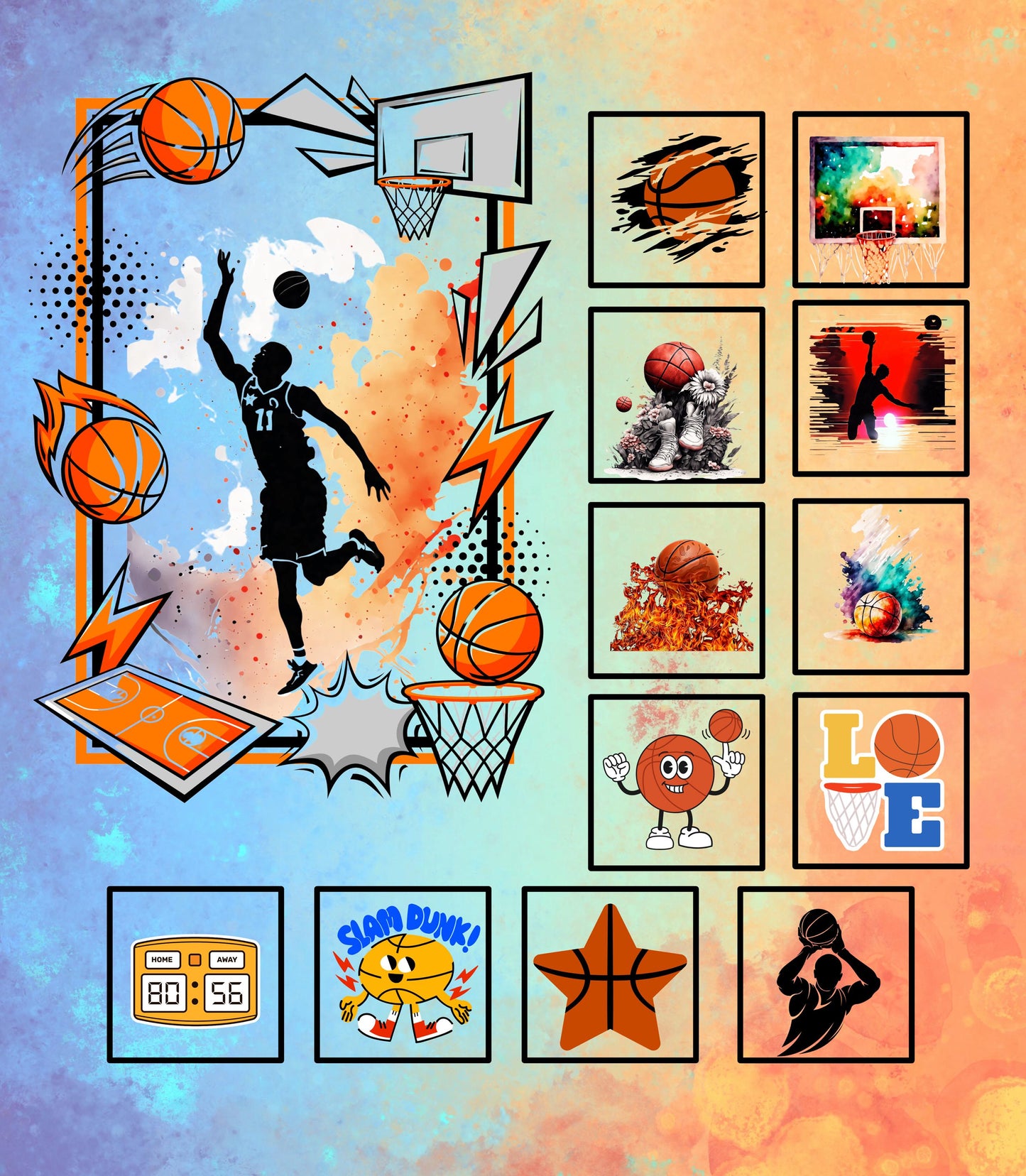Basketball themed fabric panel with a dynamic basketball design, featuring a player in action, basketballs in motion, a scoreboard, and various interpretations of basketball elements. The background is a gradient color palette with light blue, light green and orange.