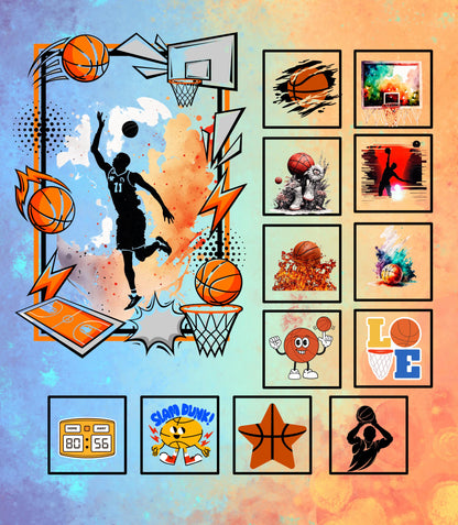 Basketball themed fabric panel with a dynamic basketball design, featuring a player in action, basketballs in motion, a scoreboard, and various interpretations of basketball elements. The background is a gradient color palette with light blue, light green and orange.