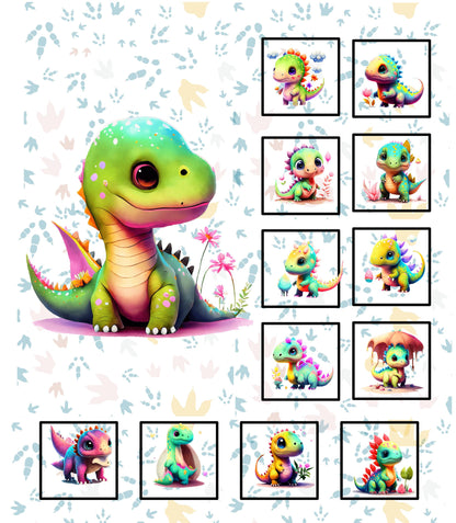 Baby Dino Quilt Panel and Blocks, Quilt Cotton Fabric, Easy Quilt, Childs Room Wall Art, Dinosaur Fabric Book