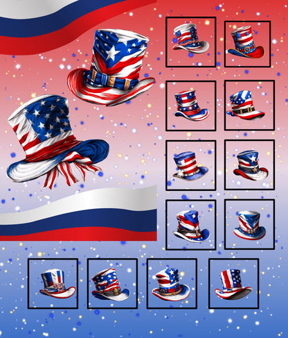 Whimsical like patriotic top hats decorated in the American Flag stars and stripes, red, white and blue colors. The blocks surrounding the panel have top hats with the red, white and blue colors but each vary slightly in the arrangement of the stars and stripes and accented with different styles buckles and ribbons.