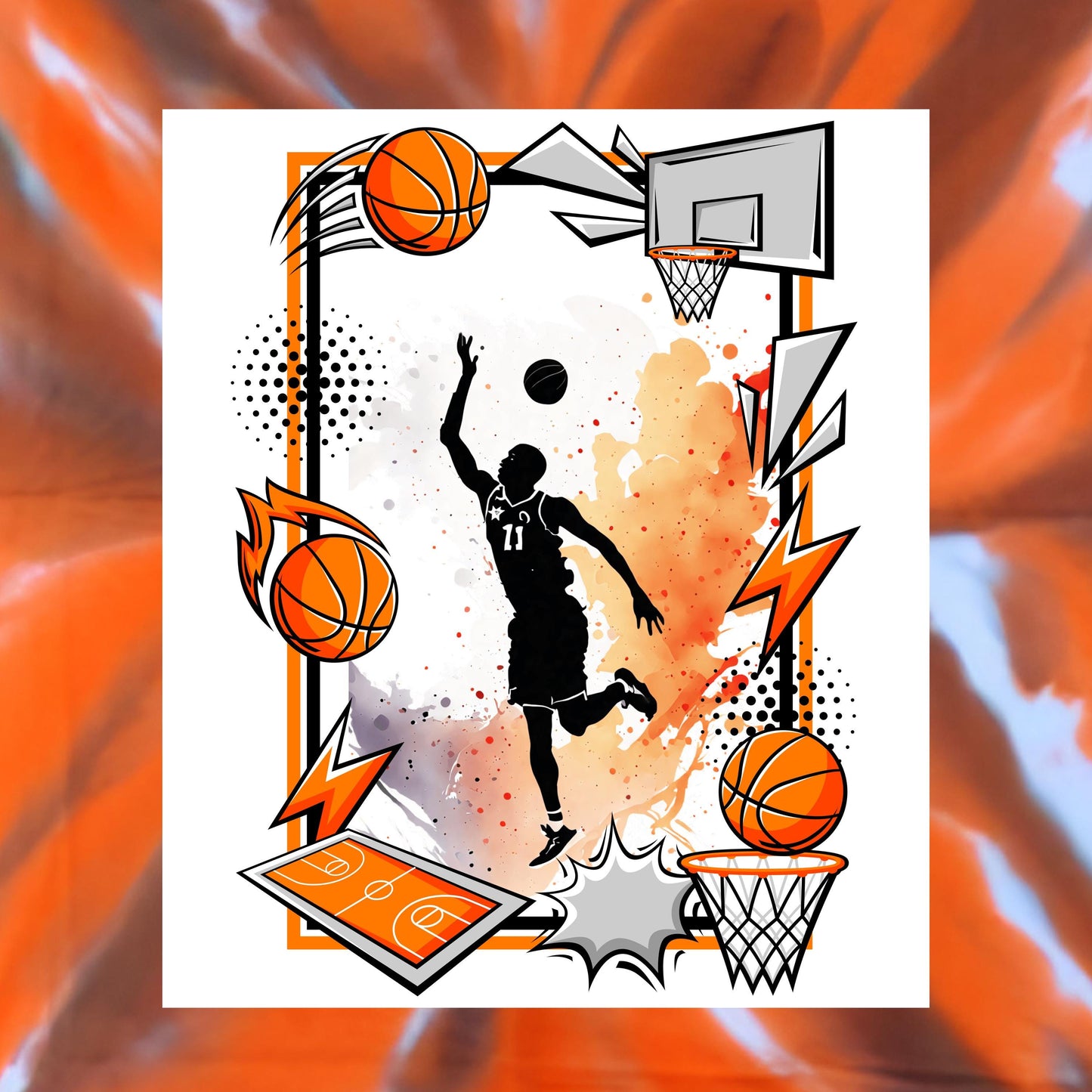 Example of panel of basketball player laid on top of an orange and brown  flowing design from my hand dyed fabric.