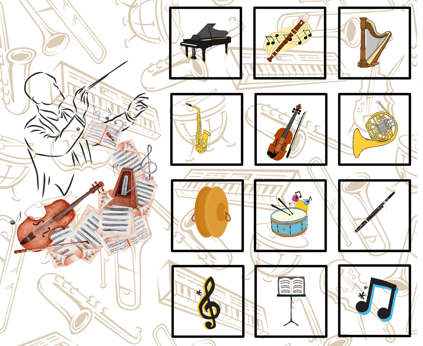 Orchestra panel - on the left is a Conductor, metronome and music related background. On the right is 12 blocks with pictures of orchestra related instruments.