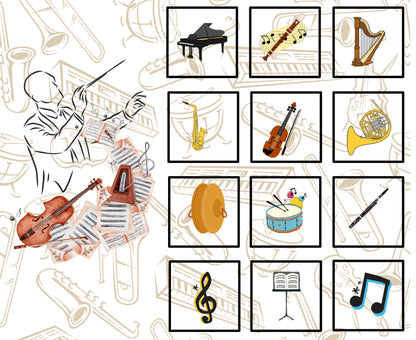Orchestra panel - on the left is a Conductor, metronome and music related background. On the right is 12 blocks with pictures of orchestra related instruments.