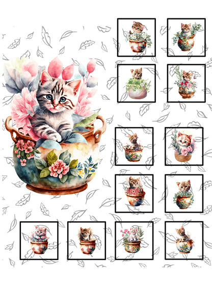 These adorable realistic looking kittens are nestled in planters are a take from kitten in a teacup. The different kitten facial expressions are what makes this fabric so adorable. Flowers of a variety of soft colors accompany the kitten in the planters at the kitten garden party. The background is a soft gray scene of floating leaves.