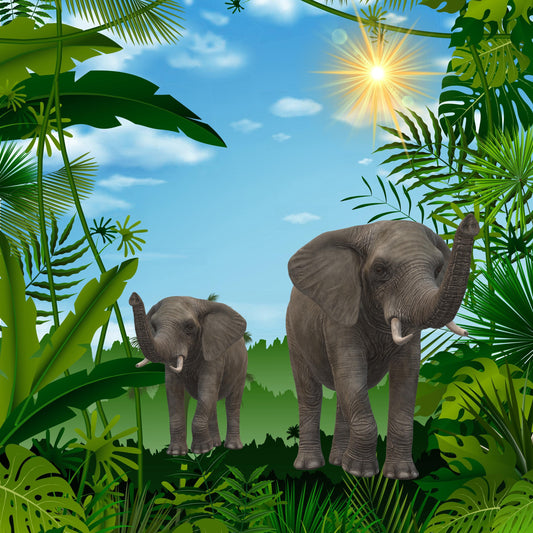 Jungle setting with lush green trees and grass. One elephant leads the way with the second elephant following behind giving the image depth, like a follow the leader almost 3D appearance. Bright yellow sun rays shine down from the top right.