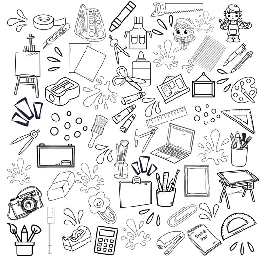 This is a grouping of art supplies for the budding artist. Included are blank canvas, paper, paints, brushes, crayons, pens and pencils, eisel, tape, clips tape and lots more. This grouping is accented with paint spatters as well as other shapes.