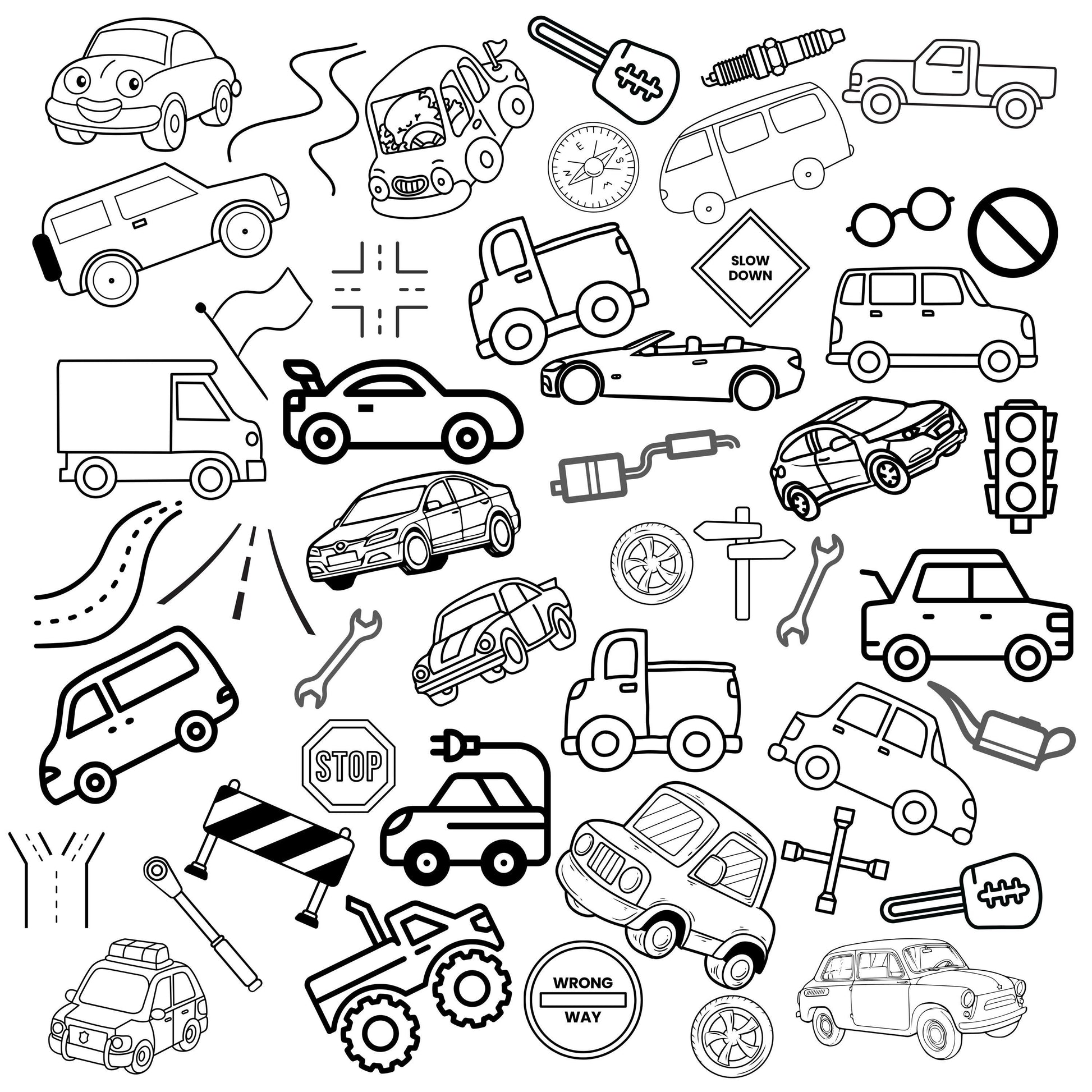 This is a grouping of cars and trucks, some with a realistic look and others with a more cartoonish look. Accented with several road snipits, car parts, traffic lights and signs.