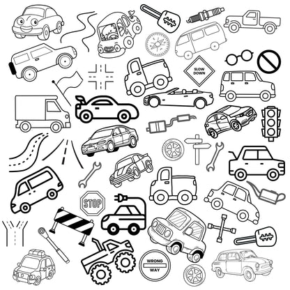 This is a grouping of cars and trucks, some with a realistic look and others with a more cartoonish look. Accented with several road snipits, car parts, traffic lights and signs.