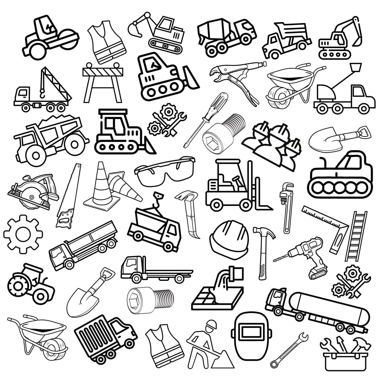 This is a grouping of construction related object outlines ready to be colored if desired. It includes things from safety glasses to road equipment.  You can see the tools of the trade like saws, wrenches, gears, ladder, safety vest and hard hat. Then there is the heavy equipment like a forklift, dump truck, paver, crane, bucket truck, semi truck and more.