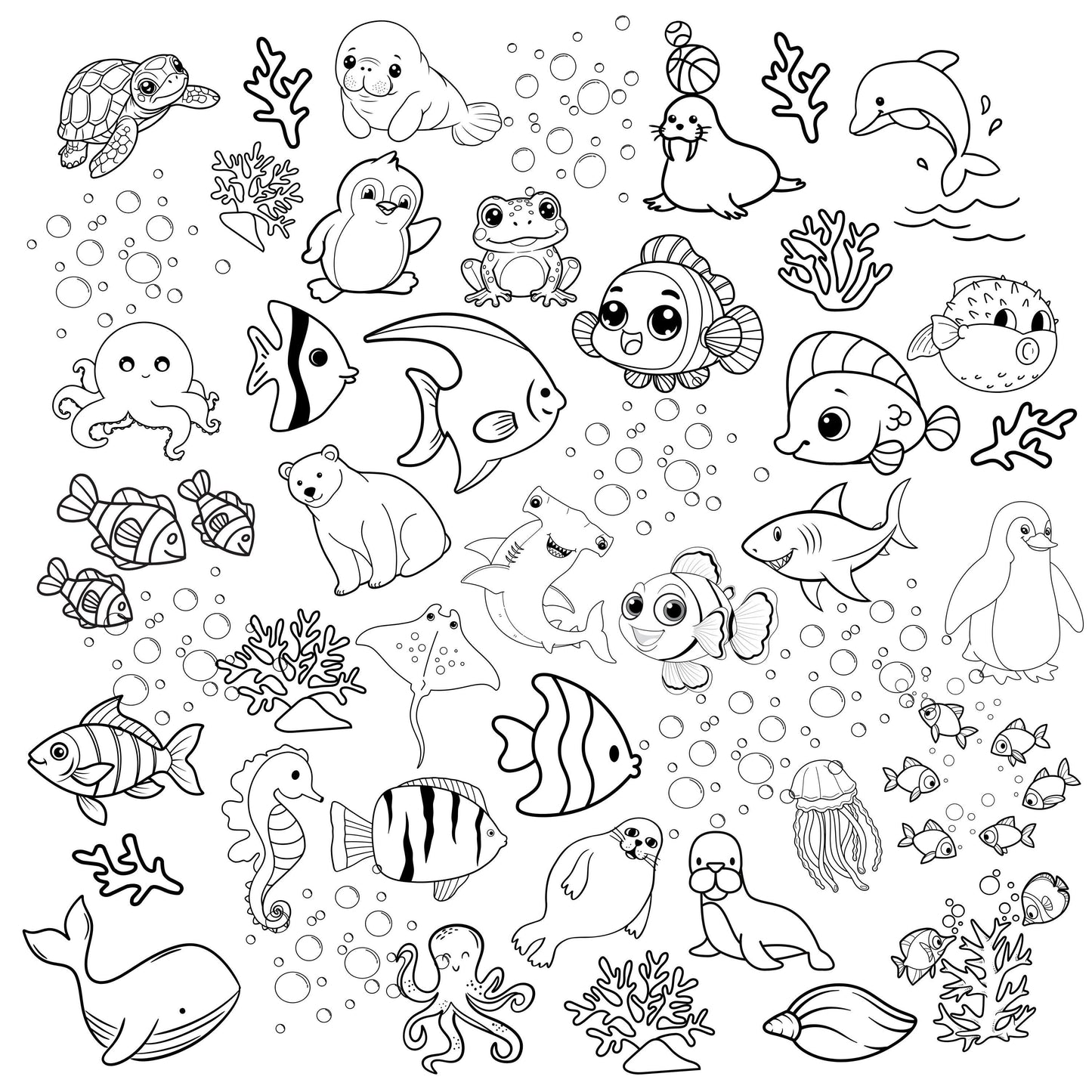 A grouping of outlines animals you would find at an aquarium ready to be colored, if you wish. There are various fish, sharks, stingray, frogs, penguin, polar bear, walrus, turtle and whale accented by shells, coral and water bubbles to make up this playful, adorable, whimsical design.