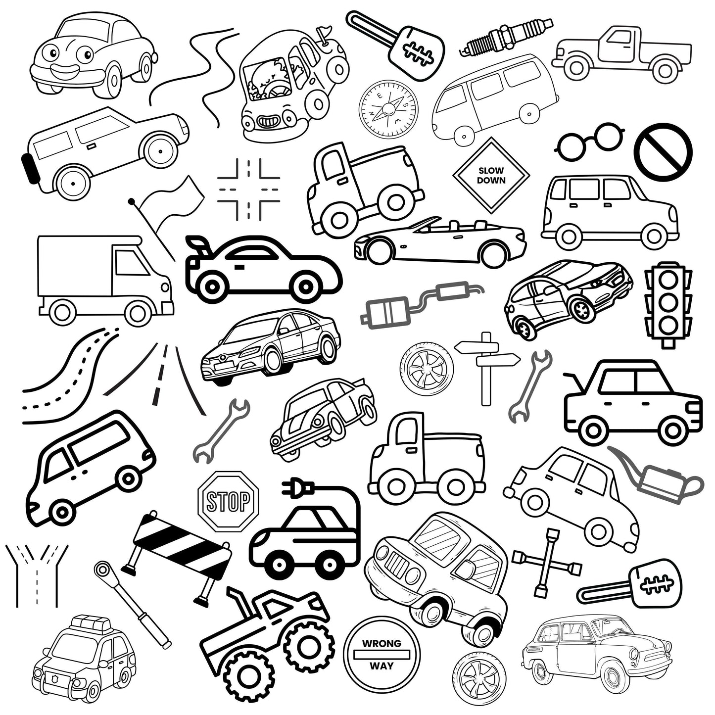 This is a grouping of cars and trucks, some with a realistic look and others with a more cartoonish look. Accented with several road snipits, car parts, traffic lights and signs.