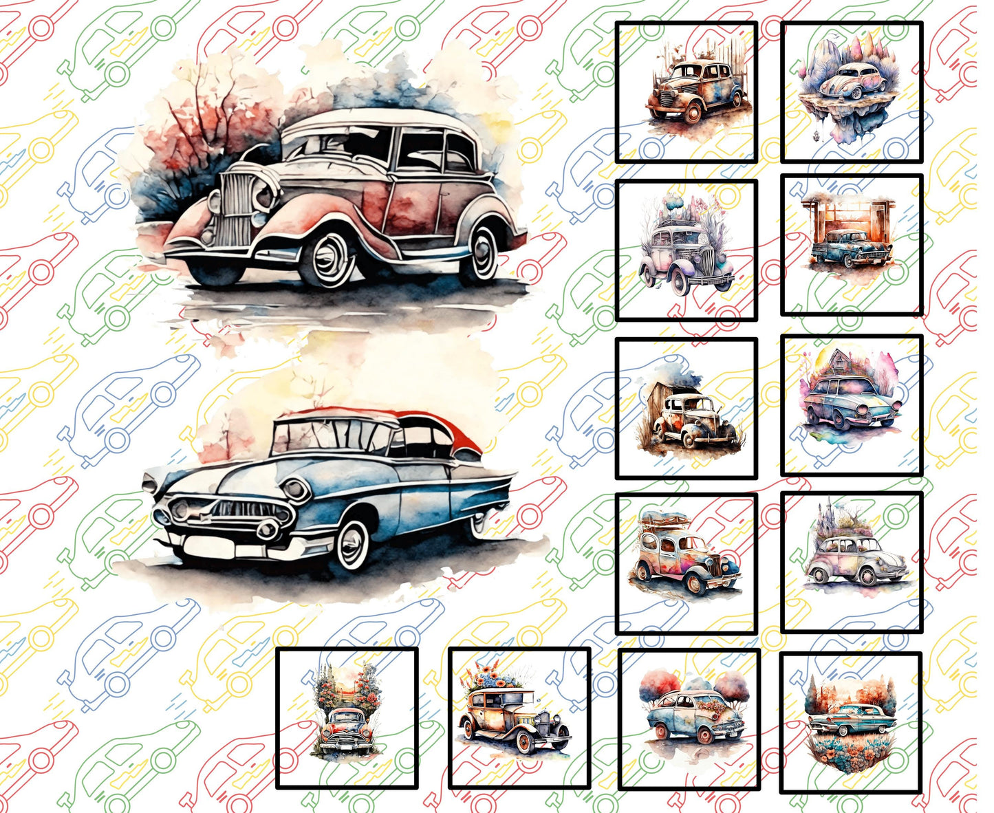 Vintage Cars Fabric Panel and Block Combo, DIY Quilt Blocks, Cotton Quilting Fabric, Car Quilt