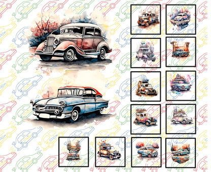 Vintage Cars Fabric Panel and Block Combo, DIY Quilt Blocks, Cotton Quilting Fabric, Car Quilt