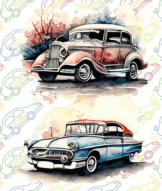 Vintage Cars Fabric Panel and Block Combo, DIY Quilt Blocks, Cotton Quilting Fabric, Car Quilt