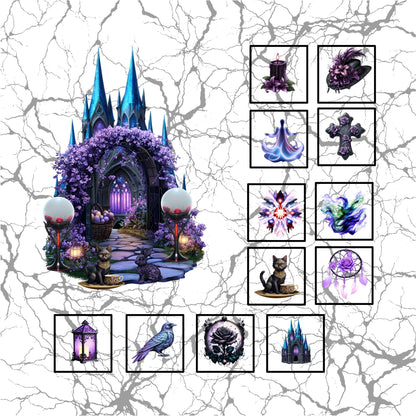 Enchanted Twilight Castle Cotton Fabric Panel: Gothic Quilt DIY