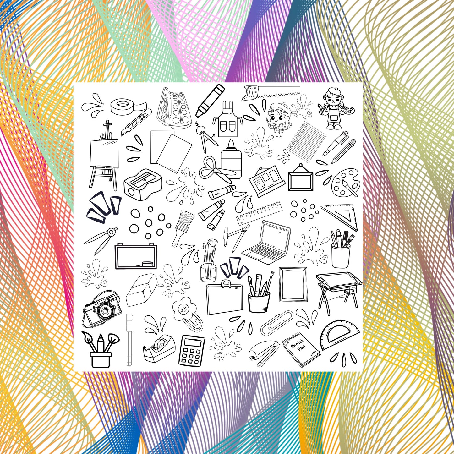 Artist Supply Coloring fabric placed on top of designed fabric for inspiration. This is a grouping of art supplies for the budding artist. Included are blank canvas, paper, paints, brushes, crayons, pens and pencils, eisel, tape, clips tape and lots more. This grouping is accented with paint spatters as well as other shapes.