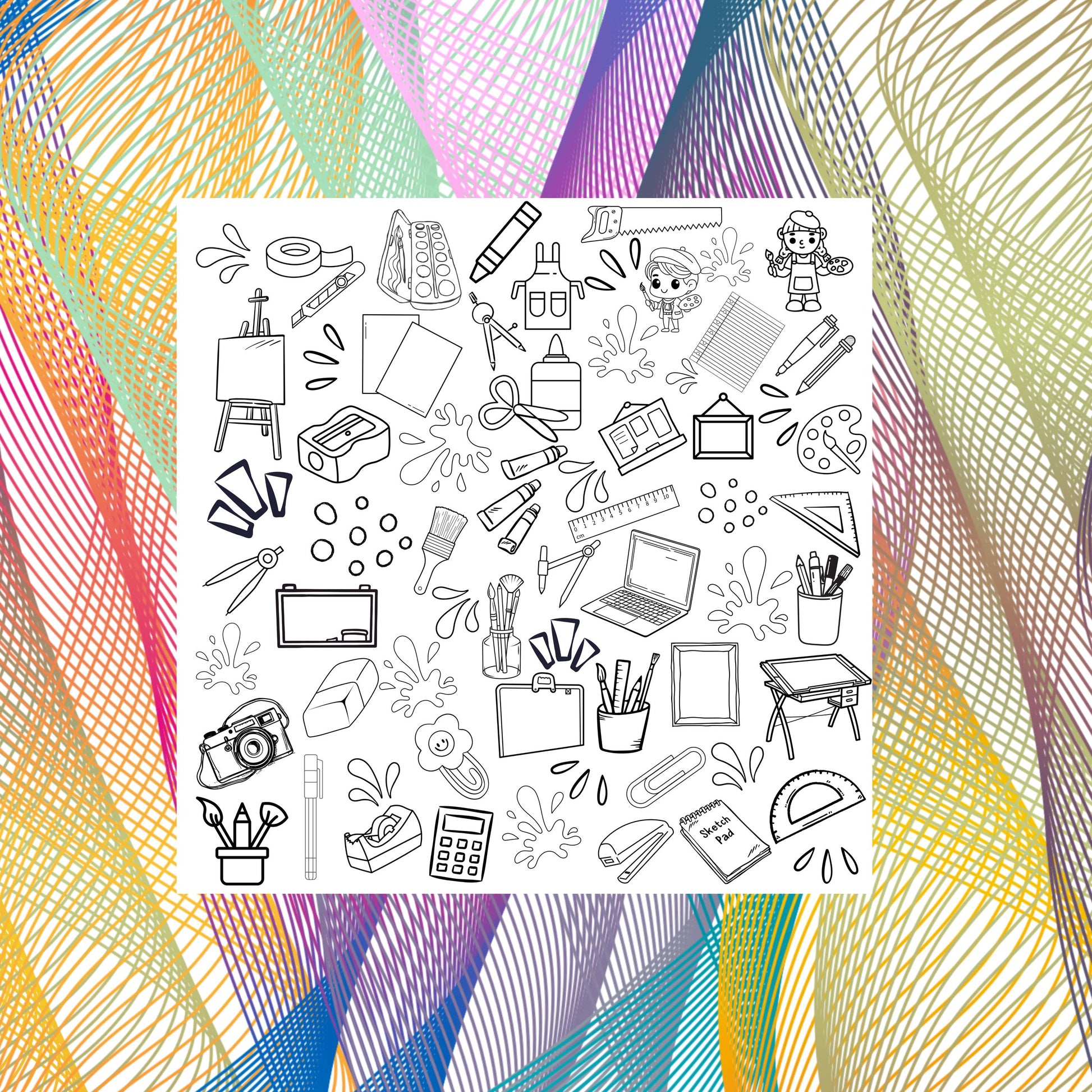 Artist Supply Coloring fabric placed on top of designed fabric for inspiration. This is a grouping of art supplies for the budding artist. Included are blank canvas, paper, paints, brushes, crayons, pens and pencils, eisel, tape, clips tape and lots more. This grouping is accented with paint spatters as well as other shapes.