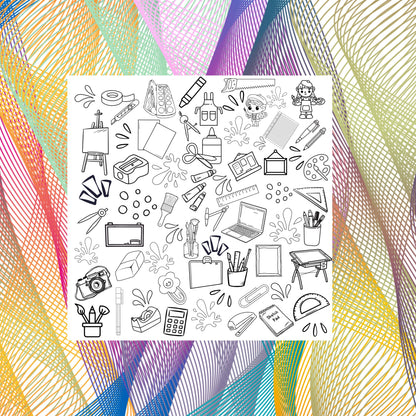 Artist Supply Coloring fabric placed on top of designed fabric for inspiration. This is a grouping of art supplies for the budding artist. Included are blank canvas, paper, paints, brushes, crayons, pens and pencils, eisel, tape, clips tape and lots more. This grouping is accented with paint spatters as well as other shapes.