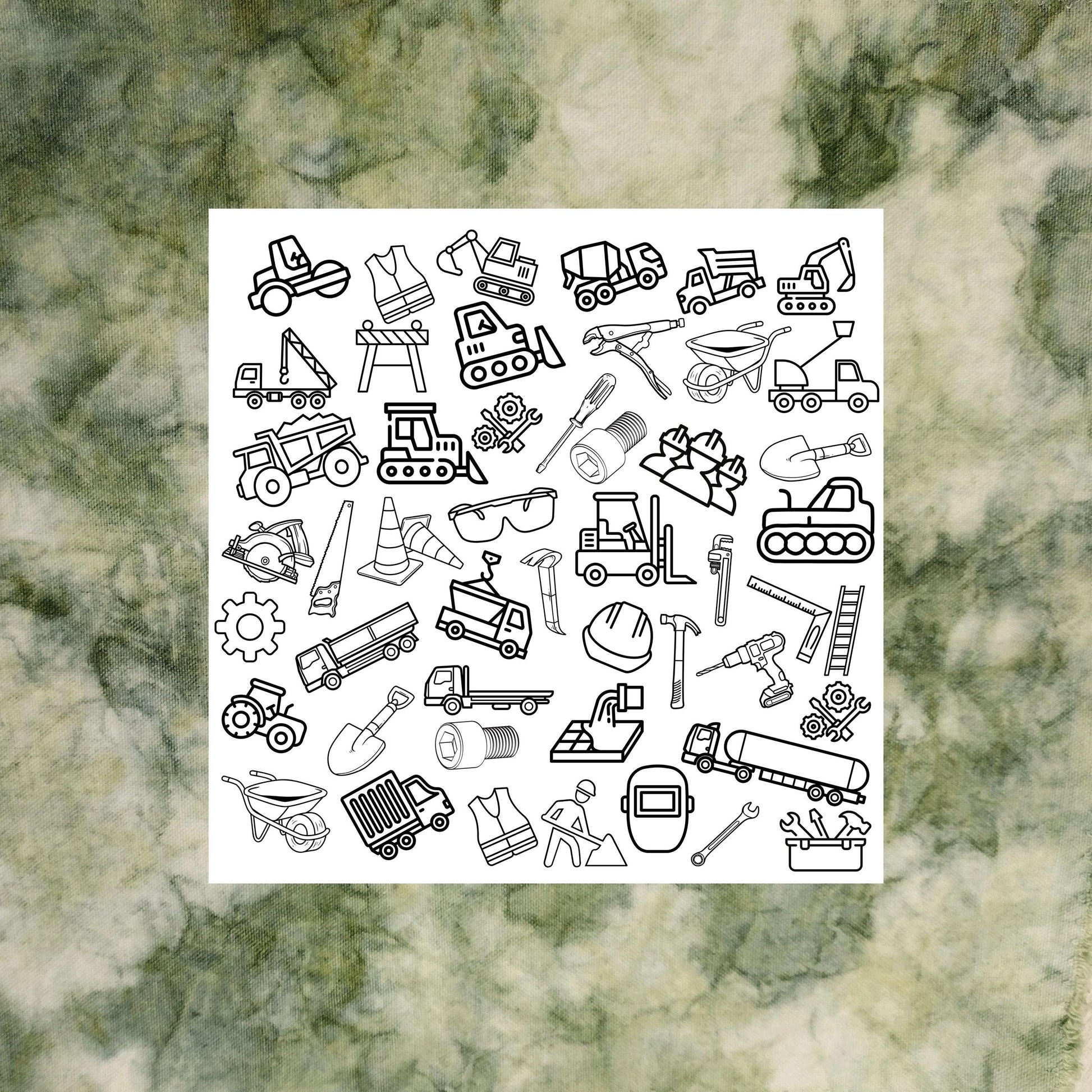 Construction Coloring panel placed on Green Marble fabric for inspiration. This fabric panel is a grouping of construction related object outlines ready to be colored if desired. It includes things from safety glasses to road equipment.  You can see the tools of the trade like saws, wrenches, gears, ladder, safety vest and hard hat. Then there is the heavy equipment like a forklift, dump truck, paver, crane, bucket truck, semi truck and more.