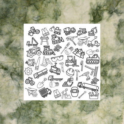 Construction Coloring panel placed on Green Marble fabric for inspiration. This fabric panel is a grouping of construction related object outlines ready to be colored if desired. It includes things from safety glasses to road equipment.  You can see the tools of the trade like saws, wrenches, gears, ladder, safety vest and hard hat. Then there is the heavy equipment like a forklift, dump truck, paver, crane, bucket truck, semi truck and more.