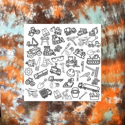 Construction Coloring panel placed on earth tone hand dyed fabric for inspiration. This fabric panel is a grouping of construction related object outlines ready to be colored if desired. It includes things from safety glasses to road equipment.  You can see the tools of the trade like saws, wrenches, gears, ladder, safety vest and hard hat. Then there is the heavy equipment like a forklift, dump truck, paver, crane, bucket truck, semi truck and more.