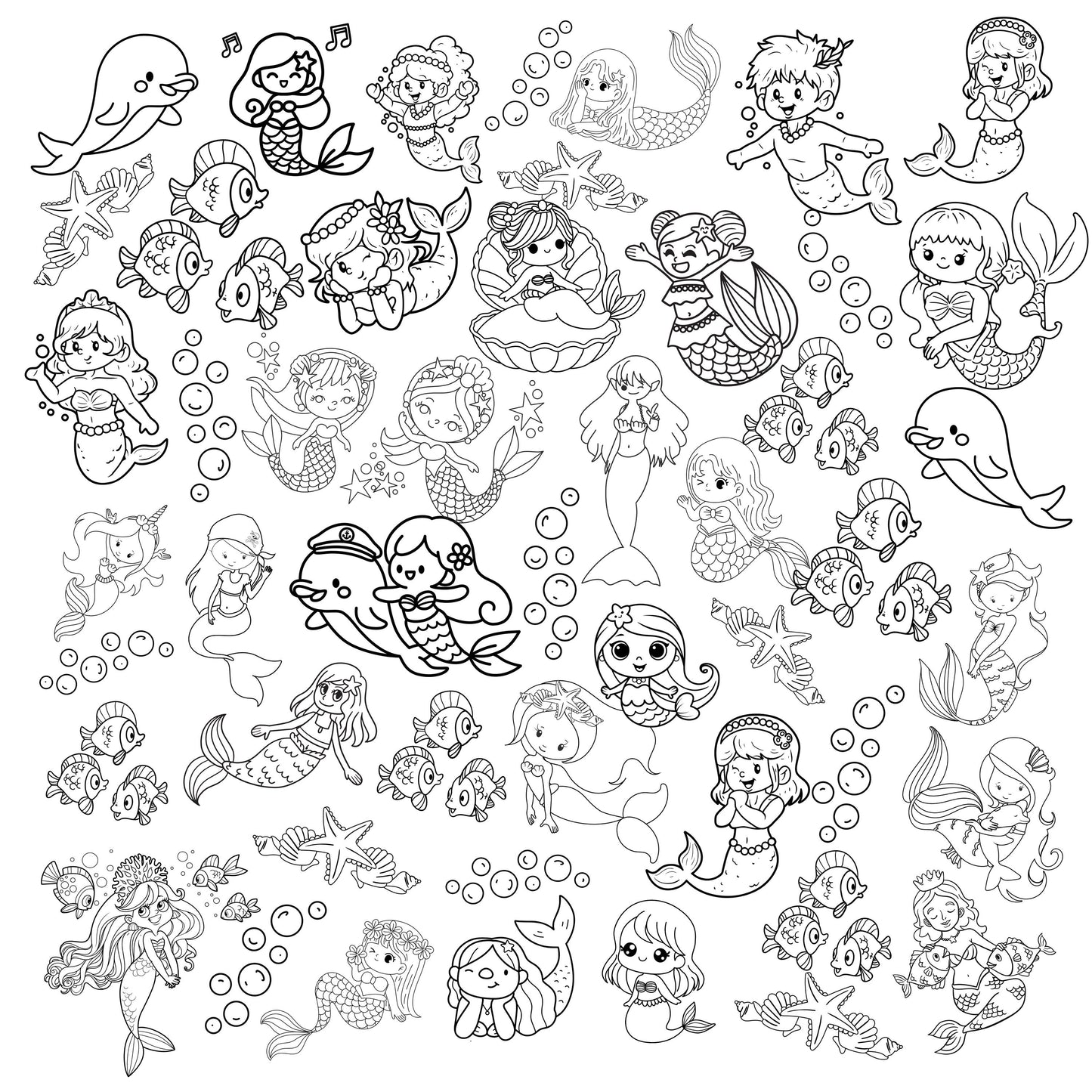 A grouping of whimsical mermaids of different sizes and shapes in a haphazard layout. Accenting this are shells, bubbles, dolphins and fish. Black print on white fabric.