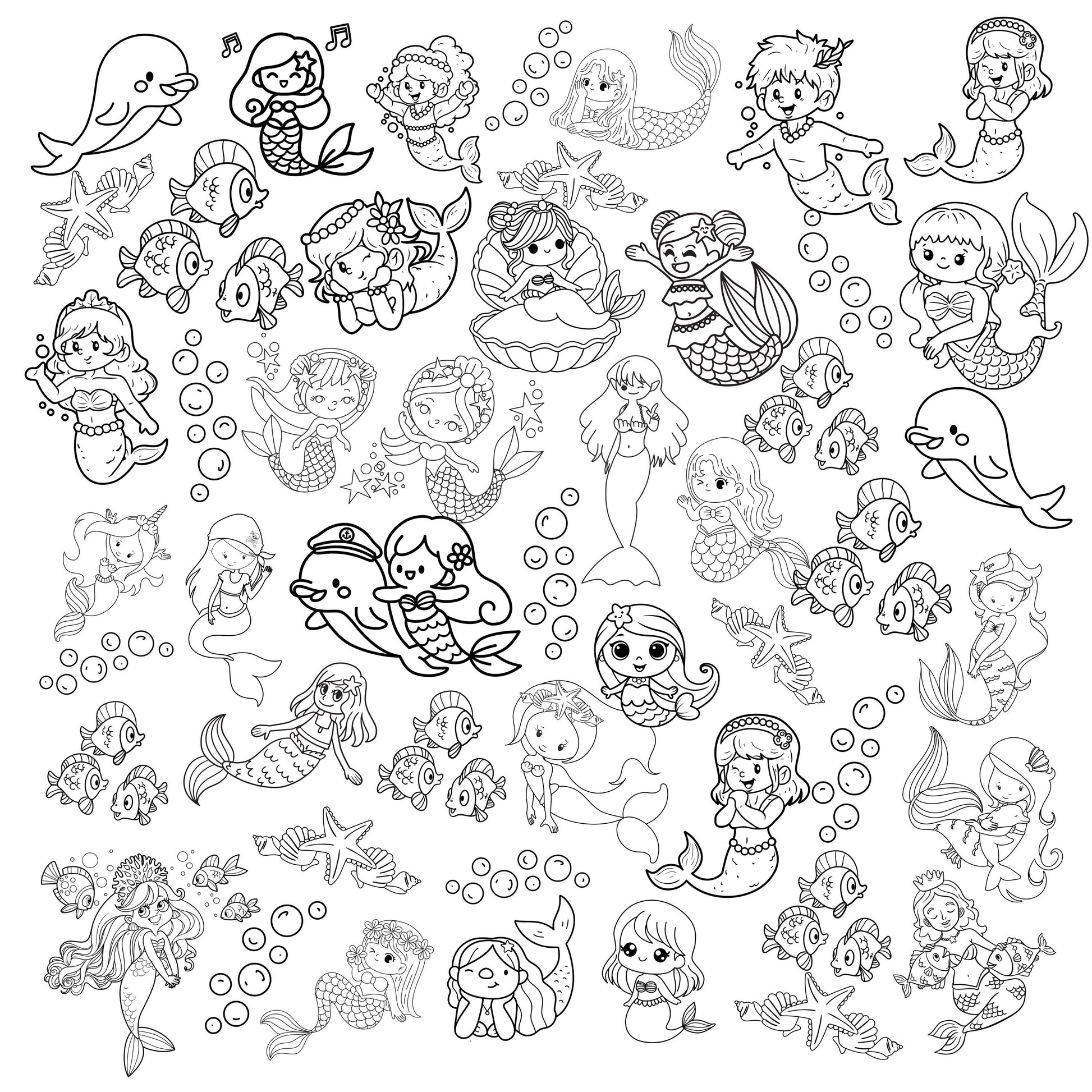 A grouping of whimsical mermaids of different sizes and shapes in a haphazard layout. Accenting this are shells, bubbles, dolphins and fish. Black print on white fabric.