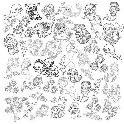 A grouping of whimsical mermaids of different sizes and shapes in a haphazard layout. Accenting this are shells, bubbles, dolphins and fish. Black print on white fabric.