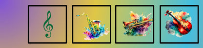 Watercolor-style illustration of a musical instrument or symbol against a solid color gradient background.