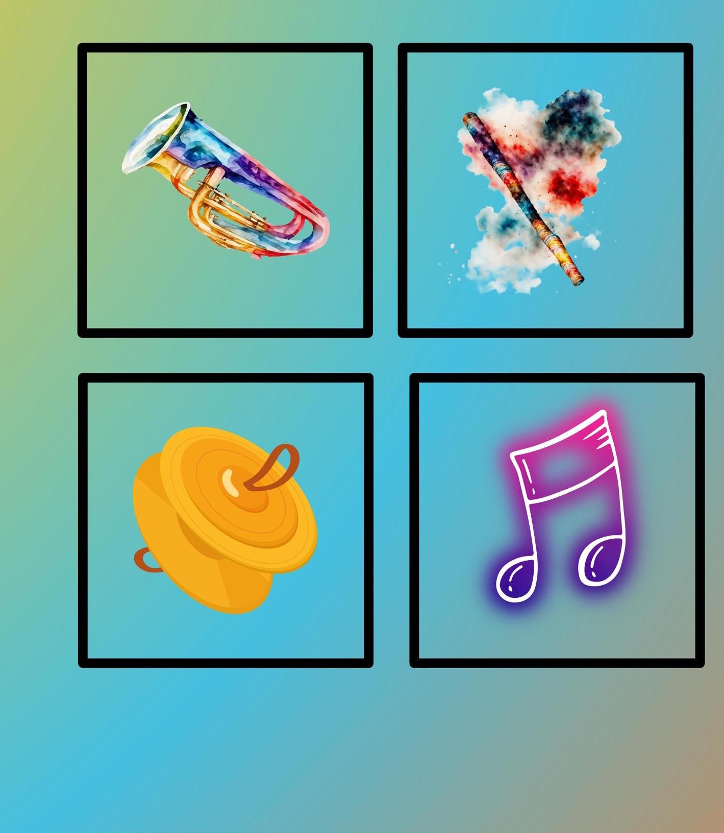 Watercolor-style illustration of a musical instrument or symbol against a solid color gradient background.