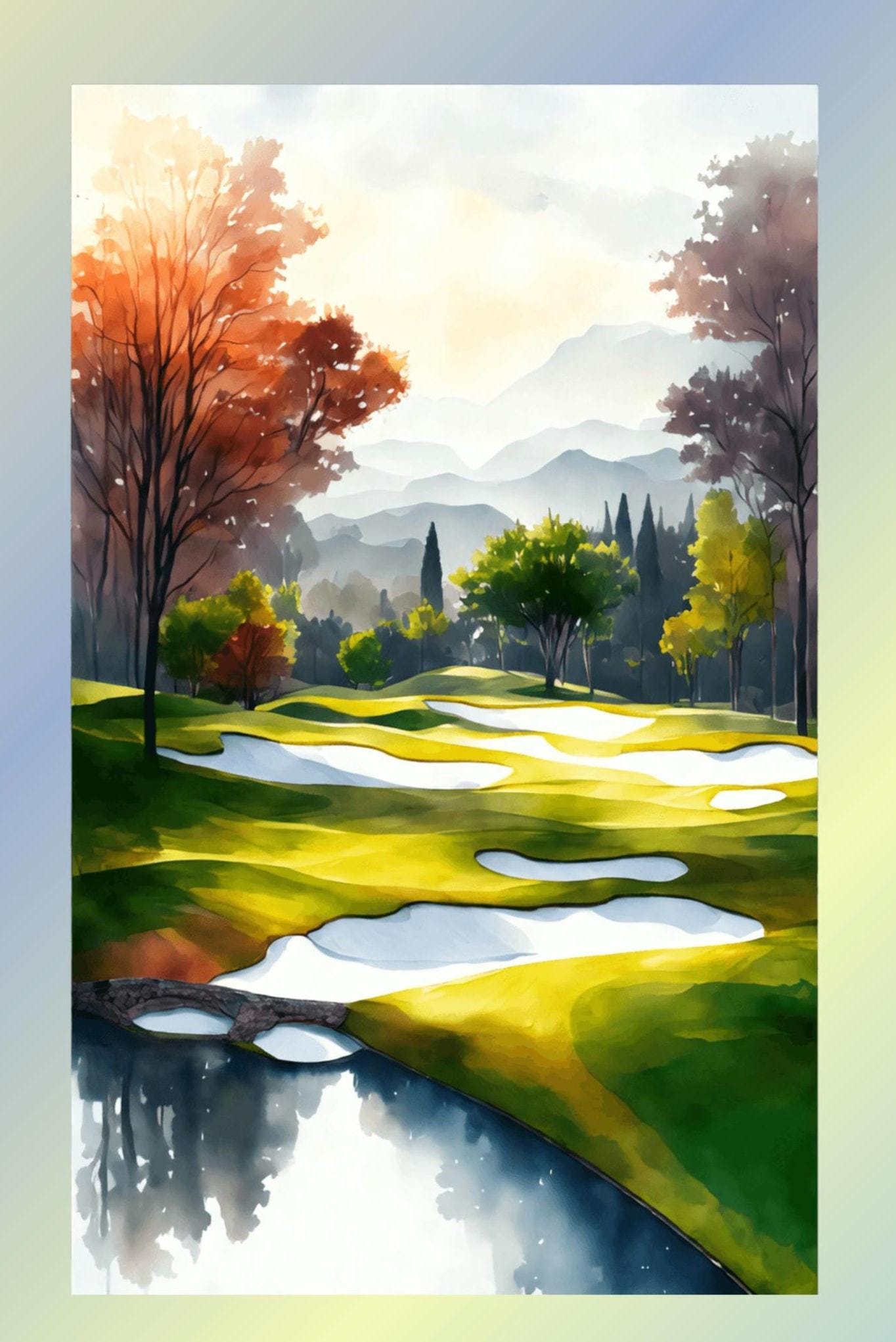 Picturesque view of some sand traps mon a golf course, autumn colored leaves on the tree at the left and right with mountain ranges in the far. The frame around the picture is a piece of hand dyed fabric.