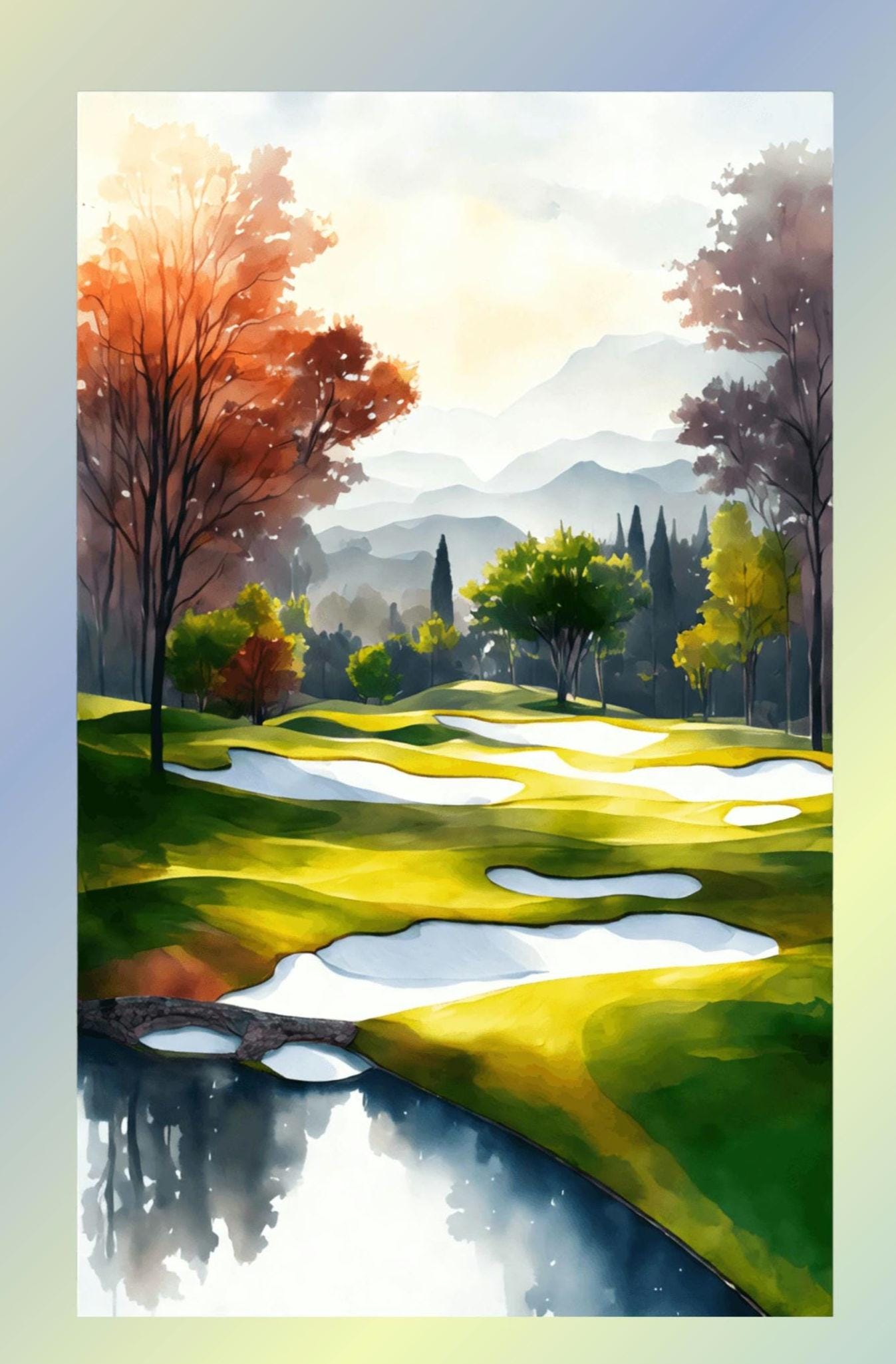 Picturesque view of some sand traps mon a golf course, autumn colored leaves on the tree at the left and right with mountain ranges in the far. The frame around the picture is a piece of hand dyed fabric.
