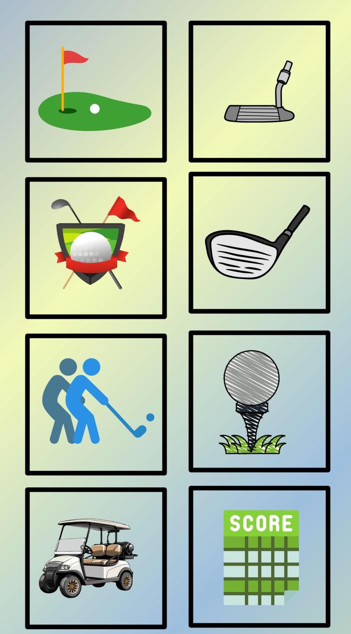 8 of the blocks included on the same piece of fabric as the panel with golf related items such as a ball on a tee, a score card, a green with flag, a drier and a putter.