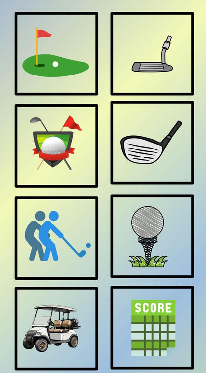 8 of the blocks included on the same piece of fabric as the panel with golf related items such as a ball on a tee, a score card, a green with flag, a drier and a putter.