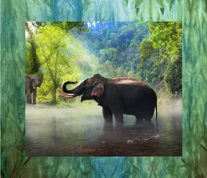 Elephant Fabric Panel: Cotton Quilt Squares, Jungle/Grassland Scenes