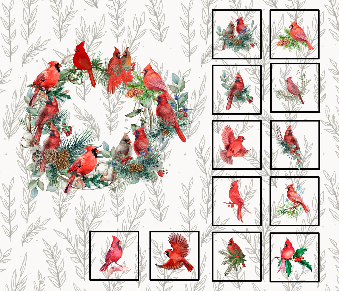 Cardinal Quilt Panel & Blocks: Cotton Christmas Quilt Fabric, Cardinal Wreath Panel, Quilted Coasters, Quilted Hot Pads