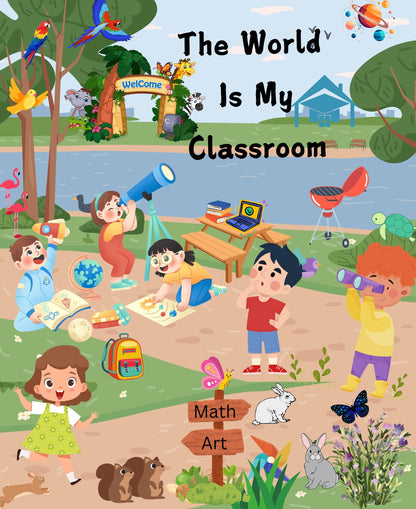 Titled - The World Is My Classroom. A whimsical design with children doing a variety of learning activites including reading a book about space while holding a spaceship, a child looking thru a telescope, a picnic table with a stack of books and a laptop computer a child looking upwards as deep in thought and another looking thru binoculars. The setting is near a pond. Across the pond is the zoo Welcome entrance. The planets in the solar system are in the upper right hand corner.