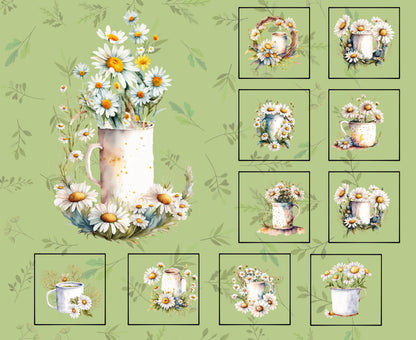 Watercolor Daisies Quilt Panel and Block Combo