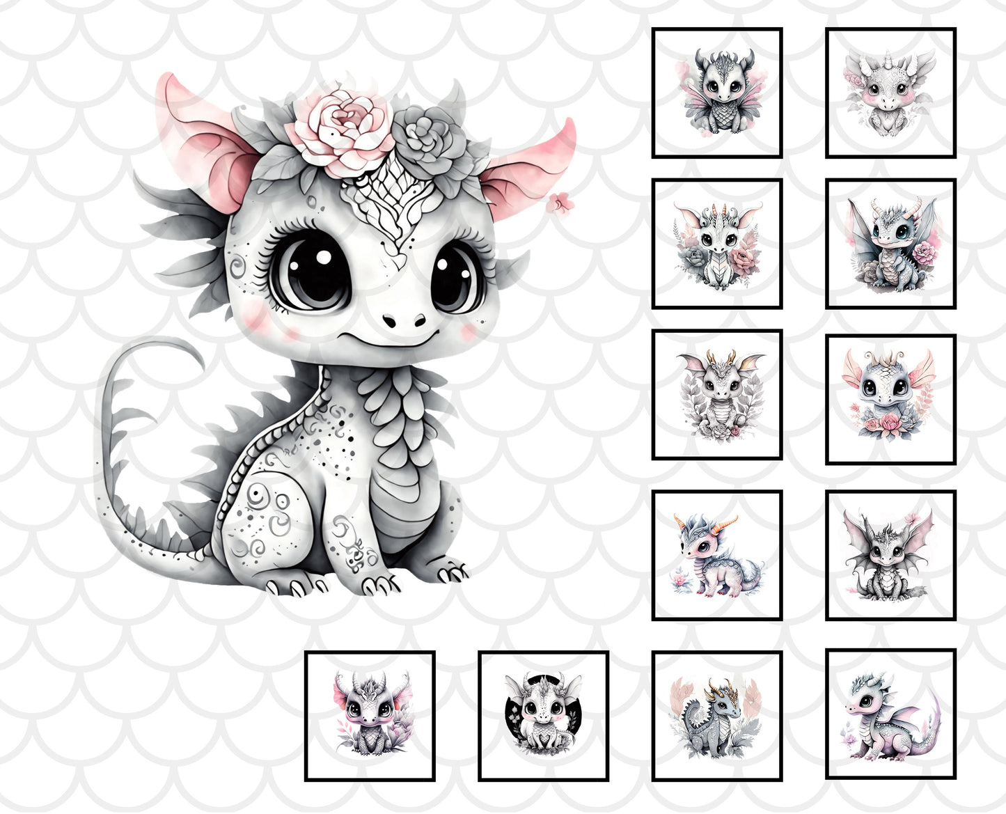 Whimsical Baby Dragon figures in black and white with pink and or peach accents.  Background is light gray dragon scales.