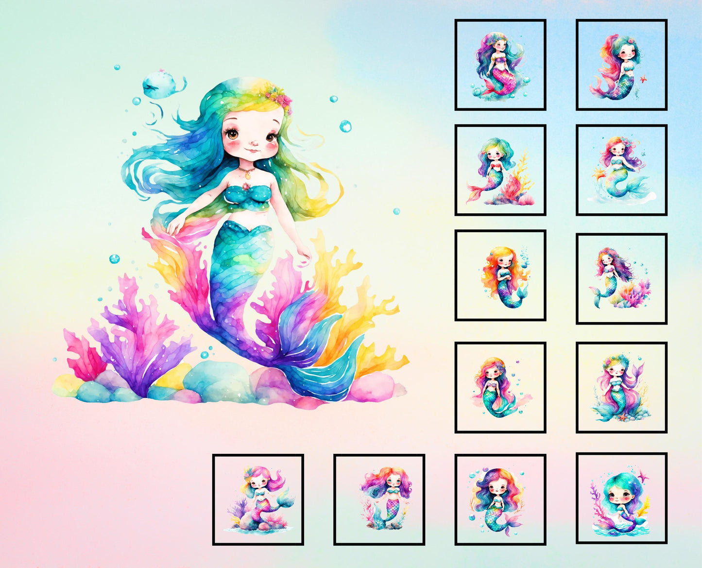 Rainbow pastel colored whimsical mermaids with a pastel gradient background.