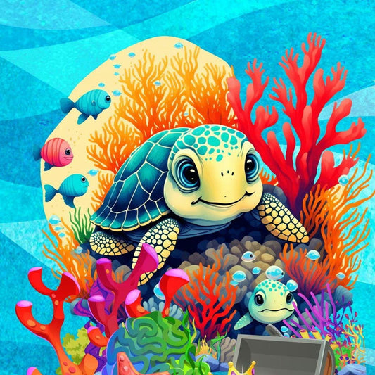 A colorful illustration of 2 cartoon turtles in an underwater scene with orange and hot pink coral, various colored fish, and a treasure chest sitting at the bottom with gold jewels. The background is a gradient wavy lined mixture of blues.