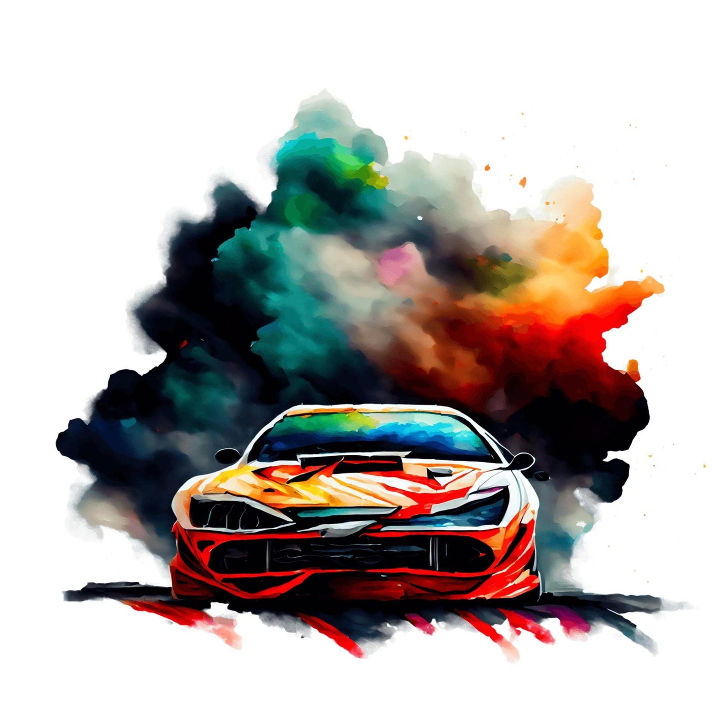 Colorful Racing cars some with a trail of colorful smoke. The background is white.