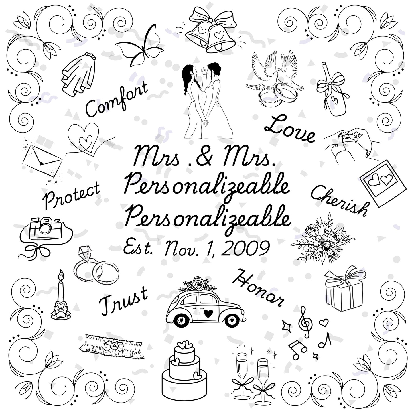 Personalized Wedding Quilt Panel: Mr. & Mrs. Cotton Fabric, Multi-Gender