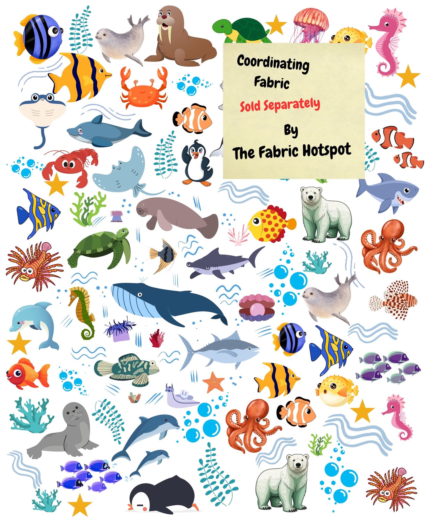 Coordinating Fabric for the Aquarium Color Panel.  These aquarium animals are in color and compliment the panel.