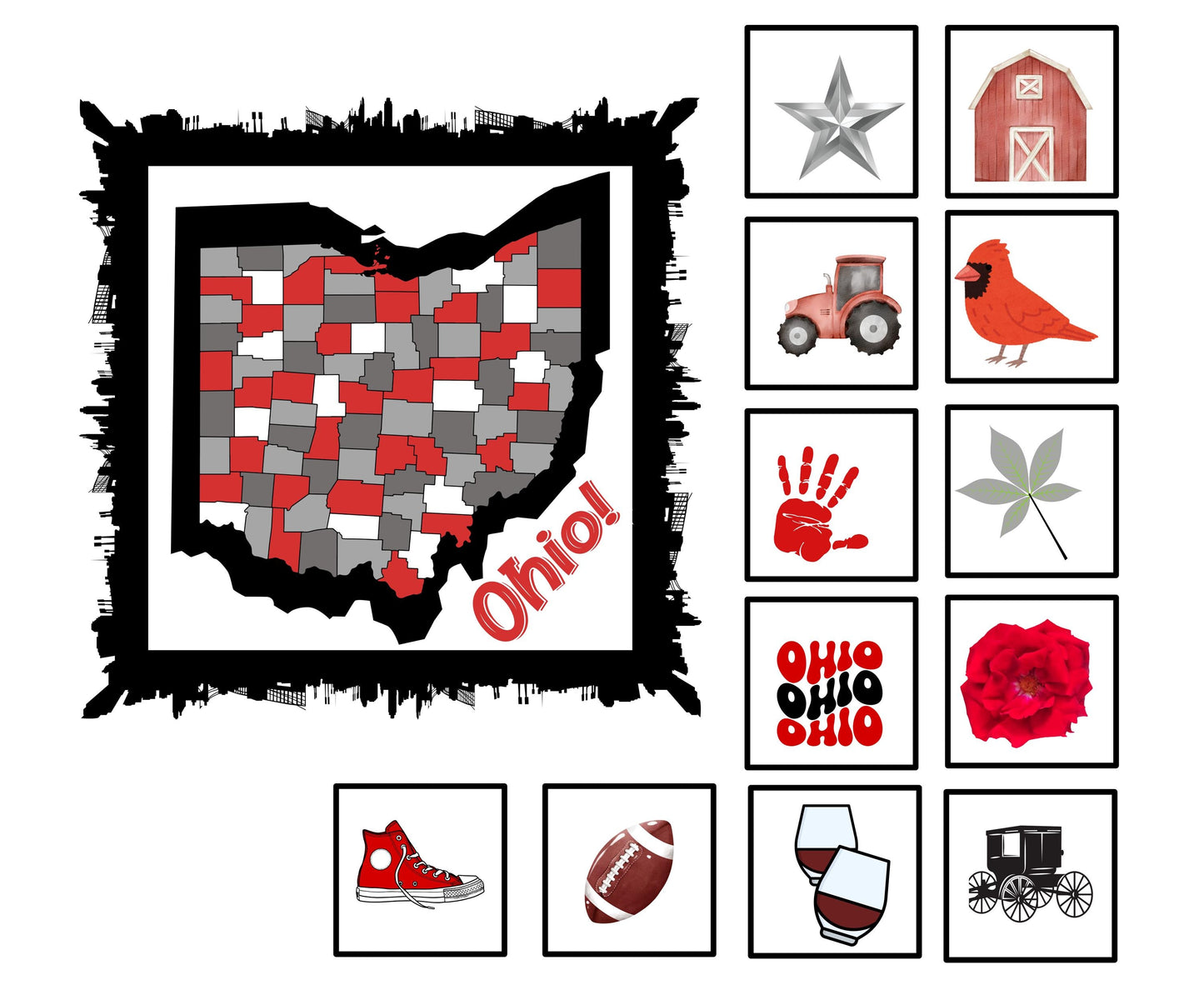 Ohio Quilt Panel & Blocks:  Cotton Beginner Quilt Fabric, Ohio Map Quilt Panel