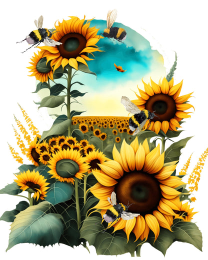 Sunflower field as far as the eye can see. The sunflowers close up at the front have bumblebees on or around them.