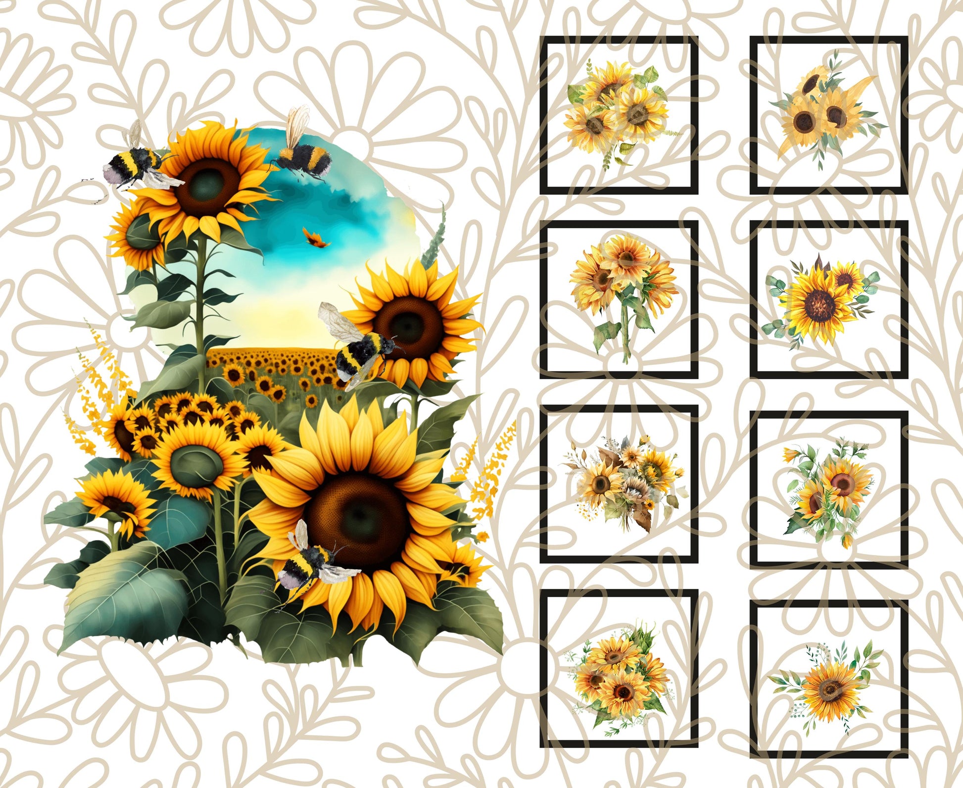 Sunflower field as far as the eye can see. The sunflowers close up at the front have bumblebees on or around them.