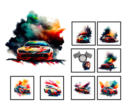 Racing Cars Quilt Panel: Colorful Blocks,  Cotton Fabric, Race Quilt Panel